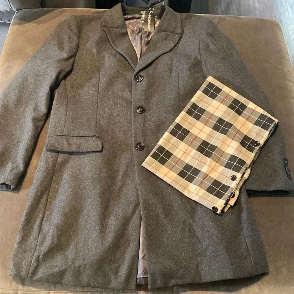Men’s Gray Coat Winter Jacket with Detachable Plaid Scarf Size M NWT